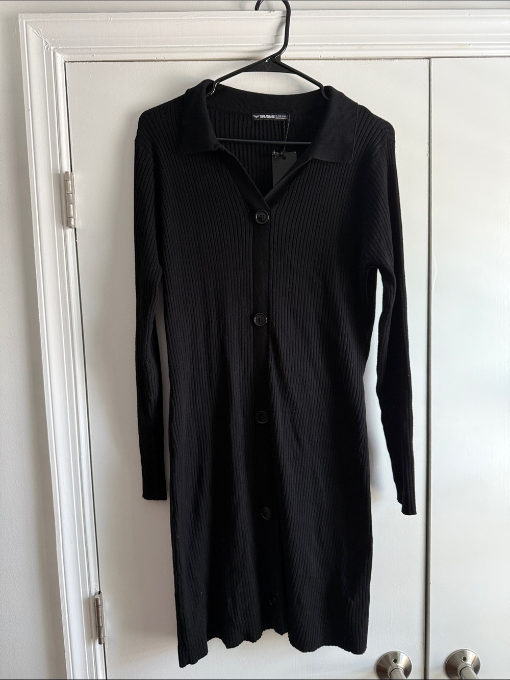 Black Ribbed Button-Front Collared Cardigan Dress